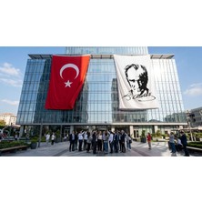 Punto Dizayn Siyah - Beyaz Mustafa Kemal Atatürk Silüeti ve Imza Bayrak ve Türk Bayrağı Premium Raşel Kumaş 2'li Set 10X15 Metre ATA28