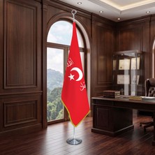 Punto Dizayn Allah, Vatan, Namus, Birlik -Ters Bayrak Direkli - Altın Saçaklı Saten Makam Bayrağı Seti (Krom Direk)