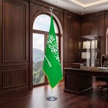 Punto Dizayn Suudi Arabistan Krallığı Direkli - Altın Saçaklı Saten Makam Bayrağı Seti (Krom Direk)