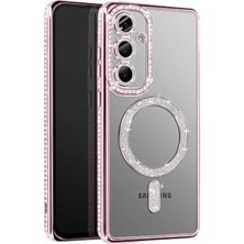 Hd Group - Galaxy S26 Plus ile Uyumlu "S26 Plus" Taşlı Simli Magsafe ile Uyumlu Telefon Kılıfı - Lens Korumalı Lüx Kapak Pembe - Pembe