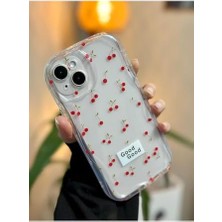 Hd Group 14 Plus - 15 Plus ile Uyumlu 3D Dalgalı Cherry Şeffaf Baskı Desenli Silikon Kılıf