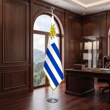 Punto Dizayn Uruguay Direkli - Altın Saçaklı Saten Makam Bayrağı Seti (Krom Direk)