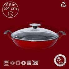 Hd Group Döküm Yuvarlak Sahan Cam Kapaklı Döküm Demir Yekpare Çift Kulplu ÇAP(Ø)24CM. Kırmızı