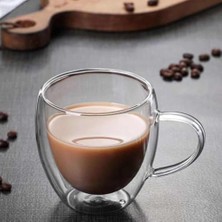 Hd Group Çift Katmanlı Cam Kupa Bardak 250 ml Lüx Çift Cidarlı Kupa - Termos Bardak - Iki Duvarlı Yapısı ile Uzun Süre -Soğuk Tutma Özelliği, Kulplu Kahve Espresso Bardağı Brosilikat Double Layer Cup