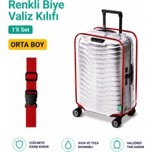 Trink Çanta Şeffaf Valiz Koruyucu Kılıf ve Valiz  Kemeri * 1'er Adet  *  Kırmızı - Orta