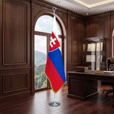 Punto Dizayn Slovakya Direkli - Altın Saçaklı Saten Makam Bayrağı Seti (Krom Direk)