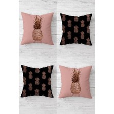 Hd Group Pelangi Rose Ananas Desenli Gizli Fermuarlı Kırlent Kılıfı Koltuk Yastık Kılıfı TAKIM(4ADET), Pembe-Siyah 45 x 45
