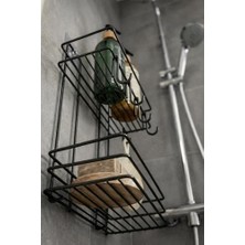 Hd Group Lüks Siyah Metal 2 Katlı Banyo Rafı Şampuanlık ve Duş Rafı Askılı Yapışkanlı Duvara Monte