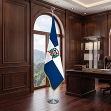 Punto Dizayn Dominik Cumhuriyeti Direkli - Altın Saçaklı Saten Makam Bayrağı Seti (Krom Direk)
