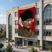 Punto Dizayn Askeri Üniformalı Atatür ve Türk Bayrağı Poster Bayrak Raşel Kumaş 6x9 Metre ATA80