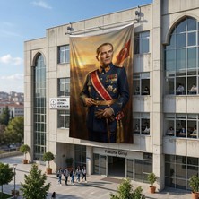 Punto Dizayn Askeri Üniformalı Atatürk Portresi Poster Bayrak Raşel Kumaş 6x9 Metre ATA75