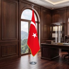 Punto Dizayn Türkiye Cumhuriyeti Ay Yıldız Direkli - Altın Saçaklı Saten Makam Bayrağı Seti (Krom Direk)