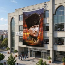 Punto Dizayn Üniformalı Kalpaklı Gazi Mustafa Kemal Atatürk Poster Bayrak Raşel Kumaş 6x9 metre ATA20