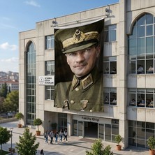 Punto Dizayn Üniformalı Atatürk Portresi Yakın Çekim Poster Bayrak Raşel Kumaş 6x9 Metre ATA66