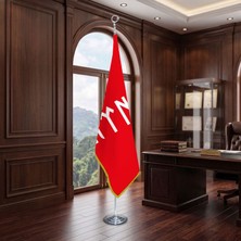 Punto Dizayn Göktürkçe Türk Yazılı Kırmızı Direkli - Altın Saçaklı Saten Makam Bayrağı Seti (Krom Direk)