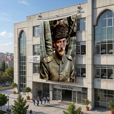 Punto Dizayn Kalpaklı Üniformalı Atatürk Poster Bayrak Raşel Kumaş 6x9 metre ATA54