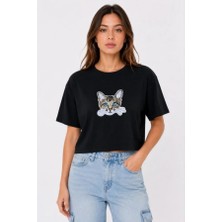 Efnaz Style Kedi Baskılı Oversize Crop Tişört Salaş Basic Yarım Kol T-Shirt - Siyah