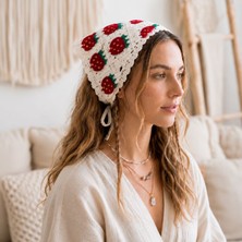 Örgü Üçgen Bandana Çilekli Kırmızı Krem Saç Bandı Kadın Genç Kız Çocuk Yazlık Bohem Vintage Kore Tarzı Ayçiçek