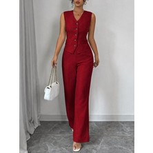 Moda Loris Kadın Askılı Önden Düğmeli Bluz ve Pantolon Keten Ikili Takım