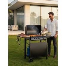 Padilon 3 Brülörlü Gazlı Mangal Barbekü Termometreli Kapaklı Yan Raflı Tekerlekli Bahçe Mangalı