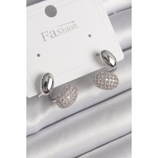 Renas Store Pirinç Gümüş Renk Zirkon Taşlı Bombeli Model Kadın Küpe