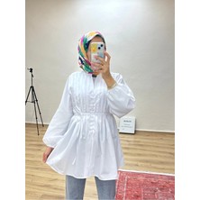 Moonsc Kadın Rahat Kalıp Nervürlü Beyaz Standart Keten Beden Tesettür Gömlek