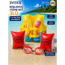 MAİN SHOP Intex 3'lü Çocuk Yüzme Seti - Deniz Havuz Yeleği 41X30 Cm, Kırmızı Kolluk ve Kulak Tıkaçlı Gözlük 3-6 Yaş M-59661-3SET