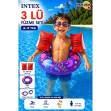 MAİN SHOP Intex 3'lü Çocuk Deniz Havuz Yüzme Seti - Şeffaf Baskılı Simit 61 Cm, Kırmızı Kolluk ve Yüzücü Gözlüğü 6-12 Yaş M- M-59242-3SET