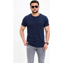 Efnaz Style Erkek Basic Tişört Bisiklet Yaka Kısa Kol Günlük Yazlık Slim Fit T-Shirt - Lacivert