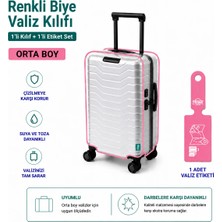 Trink Çanta Şeffaf Valiz Koruyucu Kılıf ve Valiz  Etiketi * 1'er Adet  *  Pembe -  Orta