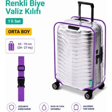 Trink Çanta Şeffaf Valiz Koruyucu Kılıf ve Valiz  Kemeri * 1'er Adet  *  Lila - Orta