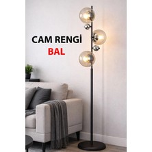Taşcan Aydınlatma Elora Siyah Krom Toplu Metal Ayaklı Lambader Bal Camlı Modern , Oturma Odası ,yatak Odası , Salon Lambader