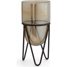 Warm Design Siyah-Kahverengi Dekoratif Metal Standlı Cam Sütun Mumluk Modern