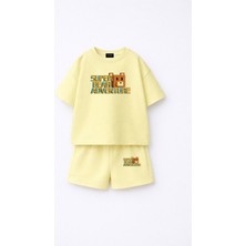 Fasardi Super Bear Adventure Süper Ayı Baskılı Oversize %100 Pamuk Tişört Şort 2li Çocuk Takım