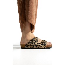 Pantofole 1004 Leopar Desenli Ortopedik Çift Bantlı Tokalı Rahat Günlük Kadın Terlik