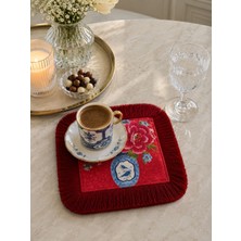 Karam Home Bordo Çiçekli Püsküllü Kahve Yanı Sunumluğu