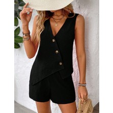Trend Cojans Kadın Askılı Önü Düğmeli Asimetrik Detaylı Bluz ve Astarlı Short Ikili Takım