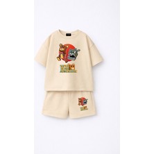 Fasardi Super Bear Adventure Süper Ayı Baskılı Oversize %100 Pamuk Tişört Şort 2li Çocuk Takım