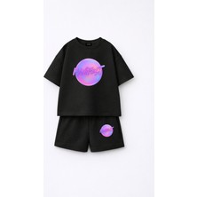 Fasardi Manifest Girls Logo Baskılı Oversize %100 Pamuk Tişört Şort 2li Çocuk Takım
