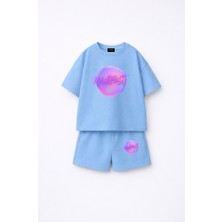 Fasardi Manifest Girls Logo Baskılı Oversize %100 Pamuk Tişört Şort 2li Çocuk Takım