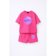 Fasardi Manifest Girls Logo Baskılı Oversize %100 Pamuk Tişört Şort 2li Çocuk Takım