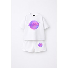 Fasardi Manifest Girls Logo Baskılı Oversize %100 Pamuk Tişört Şort 2li Çocuk Takım