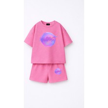 Fasardi Manifest Girls Logo Baskılı Oversize %100 Pamuk Tişört Şort 2li Çocuk Takım