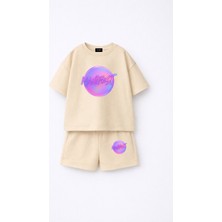 Fasardi Manifest Girls Logo Baskılı Oversize %100 Pamuk Tişört Şort 2li Çocuk Takım