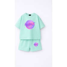 Fasardi Manifest Girls Logo Baskılı Oversize %100 Pamuk Tişört Şort 2li Çocuk Takım