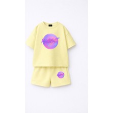 Fasardi Manifest Girls Logo Baskılı Oversize %100 Pamuk Tişört Şort 2li Çocuk Takım