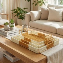 Hangora® Iç Içe Geçebilen 3 Lü Dikdörtgen Plastik Rattan Tepsi Seti-Çift Renkli Hasır Görünümlü Çok Amaçlı Servis ve Sunum Tepsileri