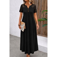 Alyn Wear Kadın Kısa Kollu Dantelli Duğme Detaylı Uzun Waffle Elbise