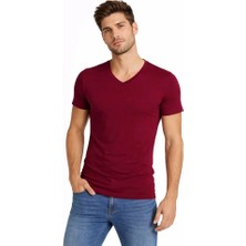 Efnaz Style Erkek T-Shirt V Yaka Slim Fit Dar Kesim Likralı Tişört Günlük Basic Body - Bordo