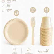 Alenked Krem 3’lü Plastik Tabak Bardak Çatal Seti 25 Kişilik